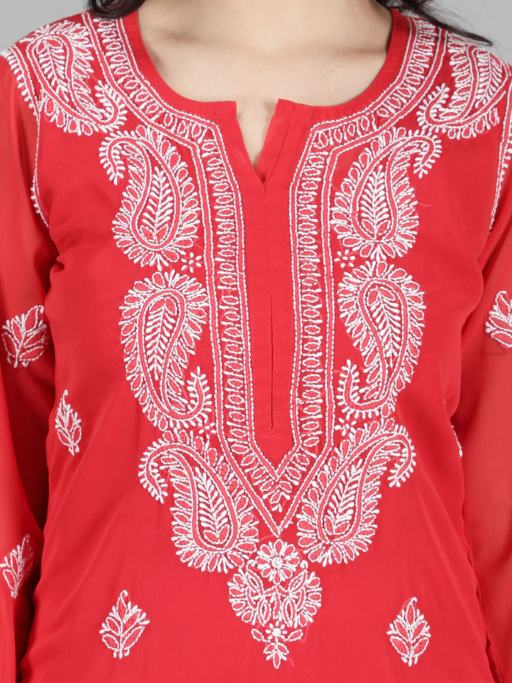 Scarlet-Red-Georgette-Chikan-Kurta-with-Slip