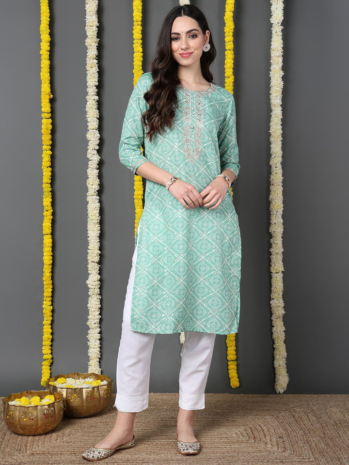 ZERESOUQ-Sea-Green-Cotton-Blend-Bandhani-Printed-Straight-Kurta