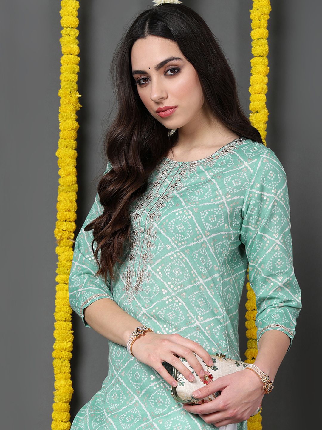 ZERESOUQ-Sea-Green-Cotton-Blend-Bandhani-Printed-Straight-Kurta