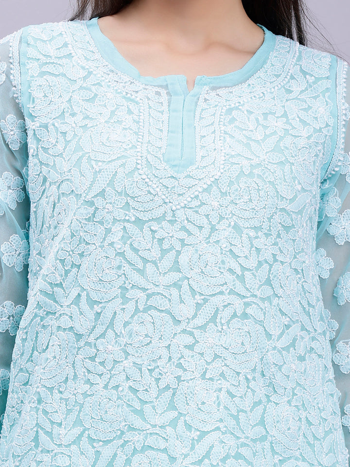 Sea Green Georgette Chikankari Kurta With Palazzo Set