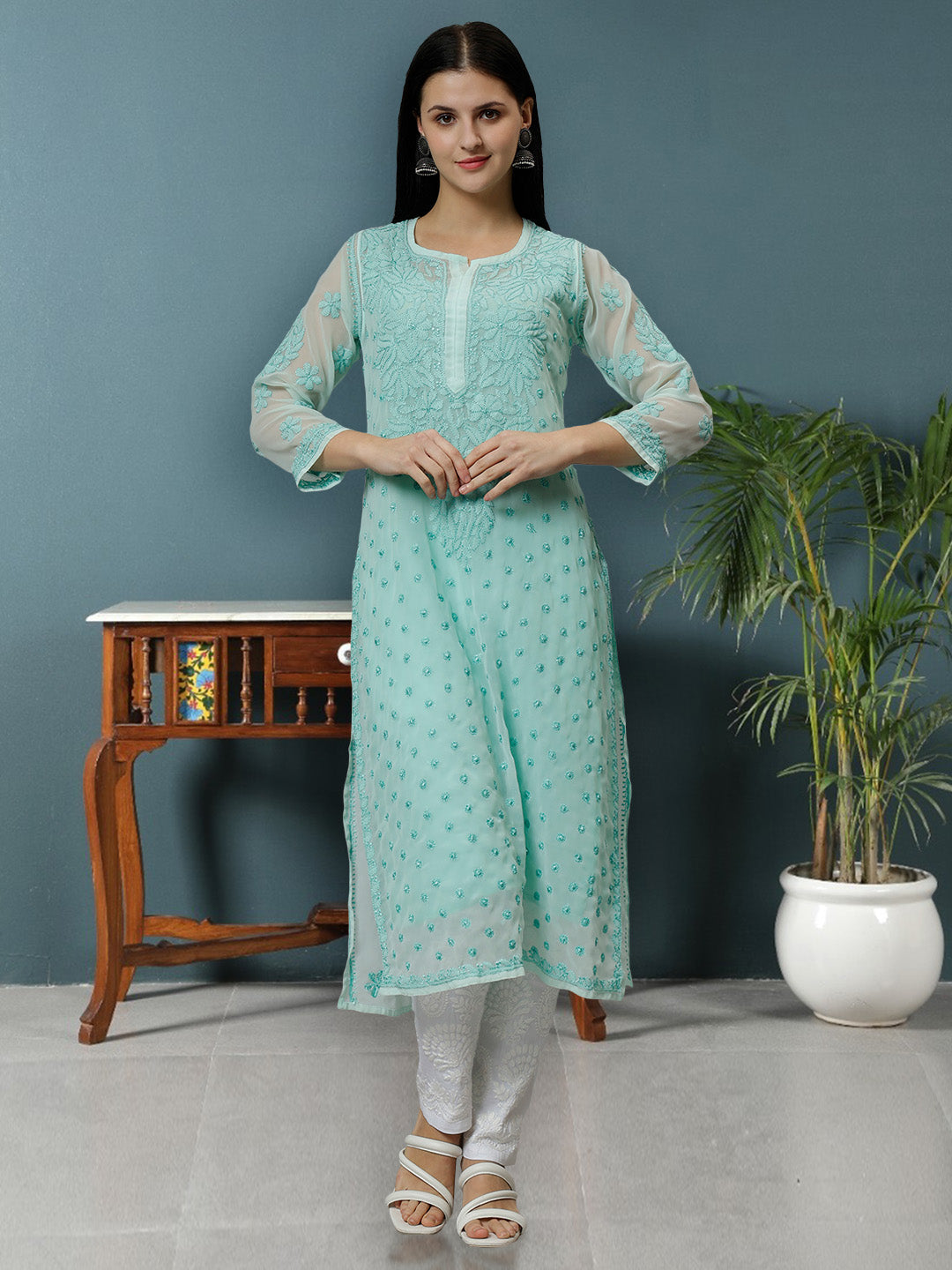 Sea-Green-Georgette-Embroidered-Chikankari-Kurta-with-Slip