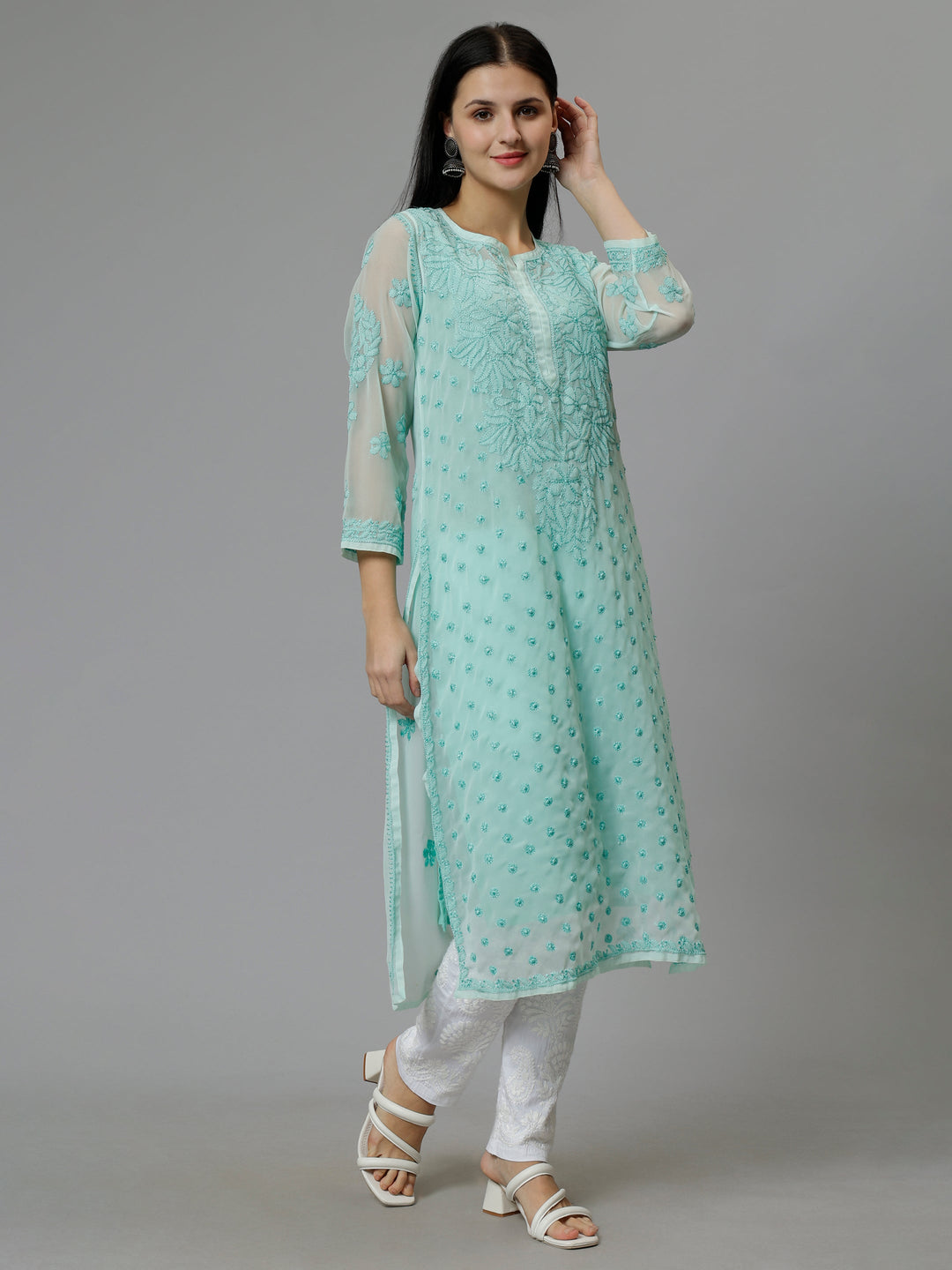 Sea-Green-Georgette-Embroidered-Chikankari-Kurta-with-Slip