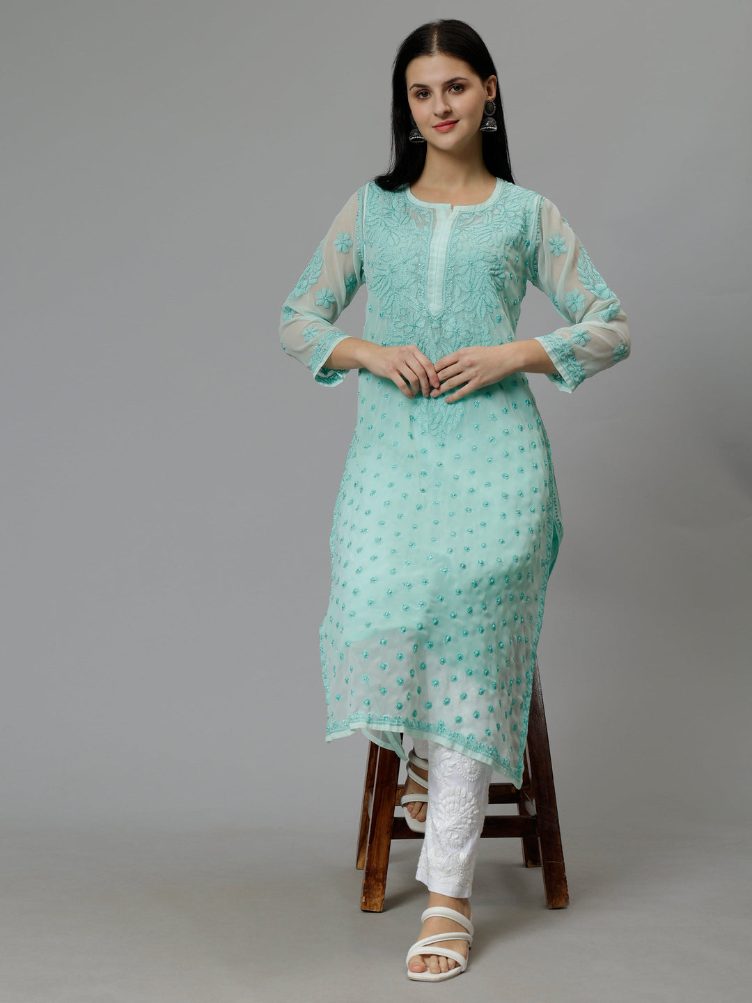 Sea-Green-Georgette-Embroidered-Chikankari-Kurta-with-Slip