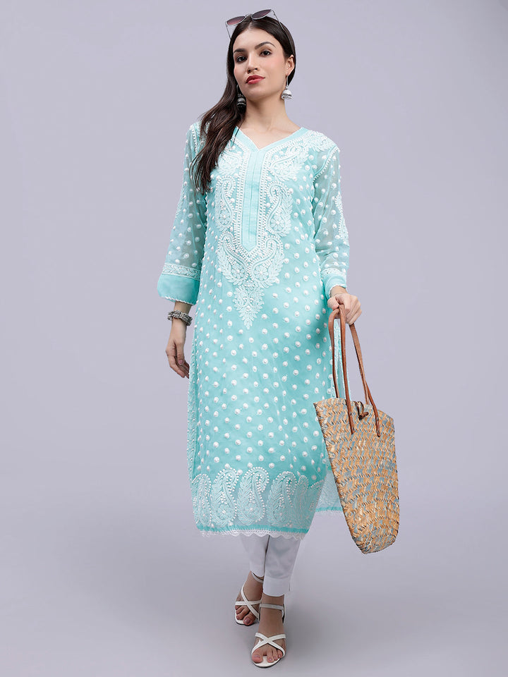 Sea Green Georgette Polka Dot & Paisley Chikankari Kurti with Slip