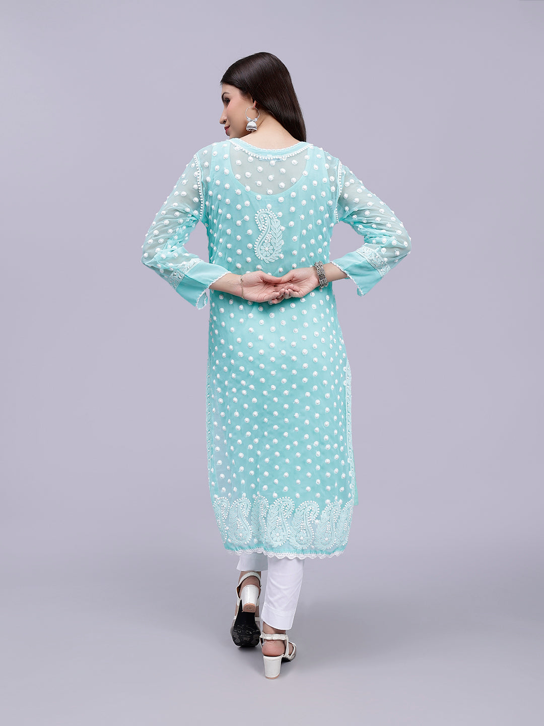 Sea Green Georgette Polka Dot & Paisley Chikankari Kurti with Slip