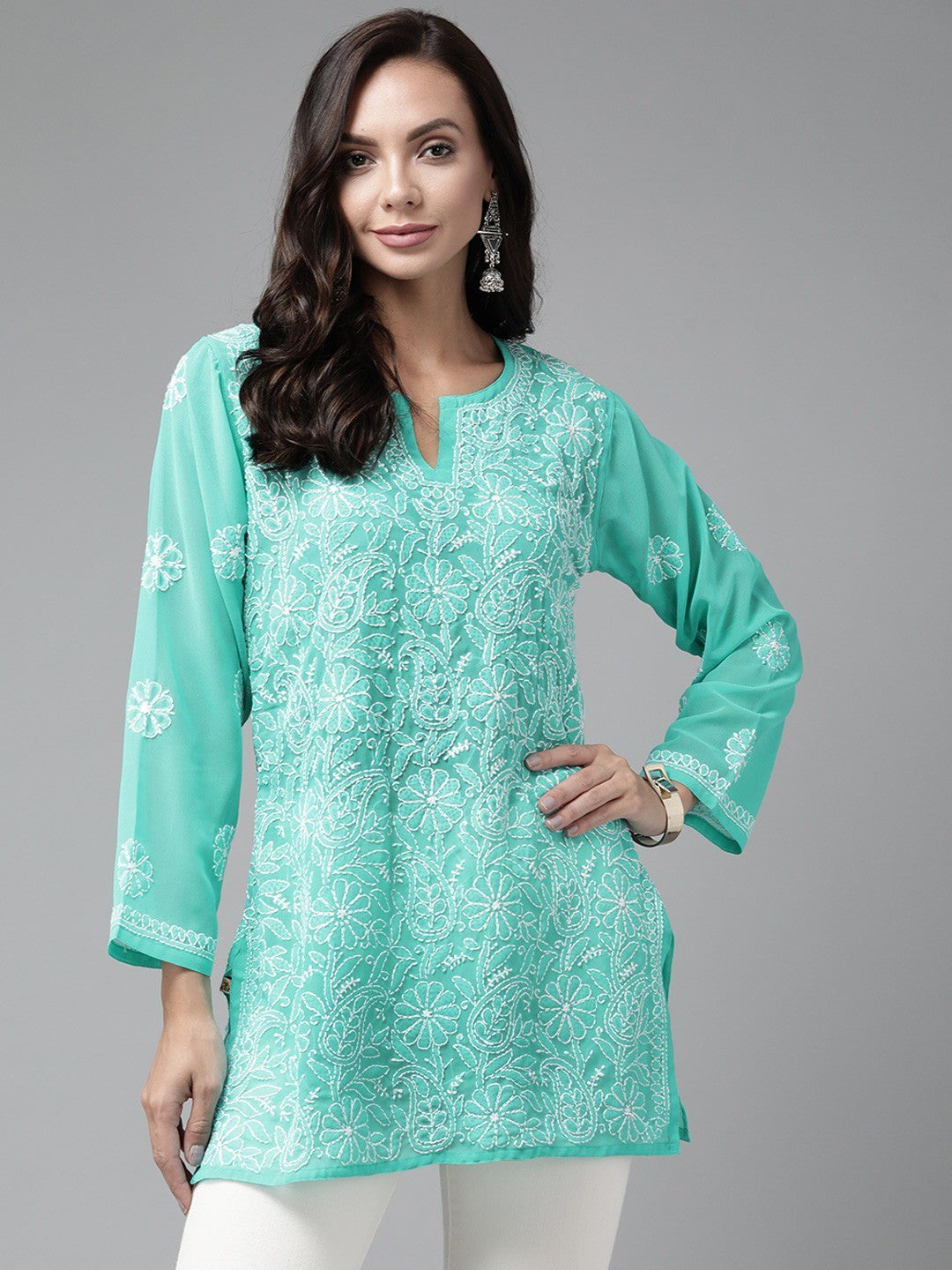 Sea-Green-Straight-Chikan-Kurti-Only