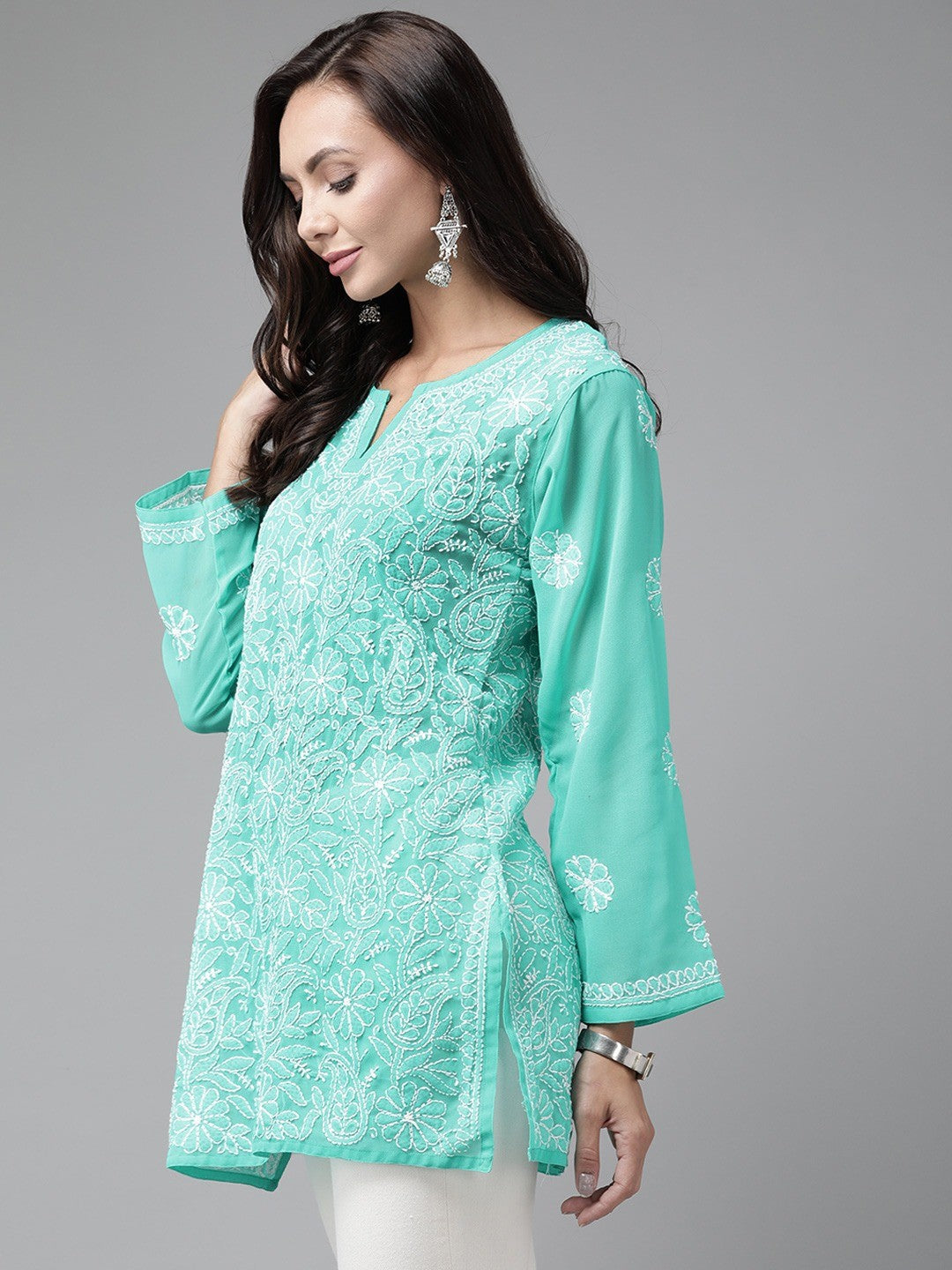Sea-Green-Straight-Chikan-Kurti-Only