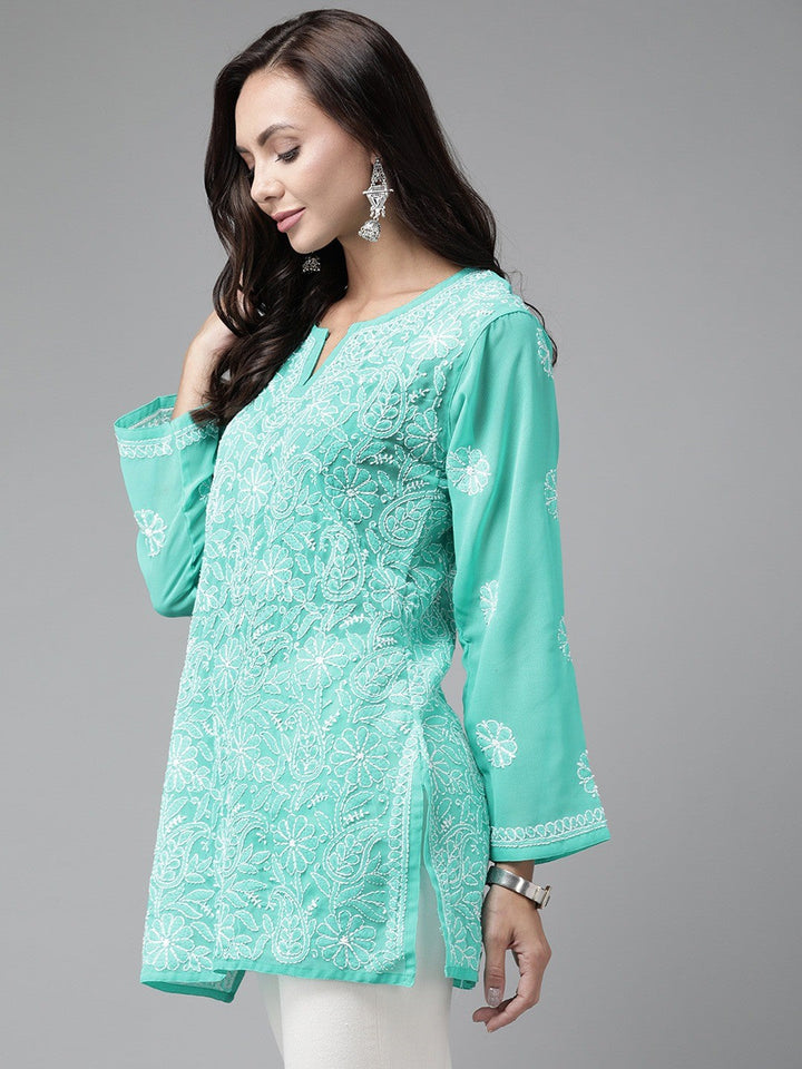 Sea-Green-Straight-Chikan-Kurti-Only