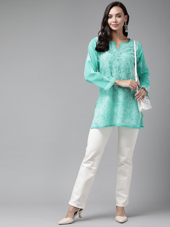 Sea-Green-Straight-Chikan-Kurti-Only