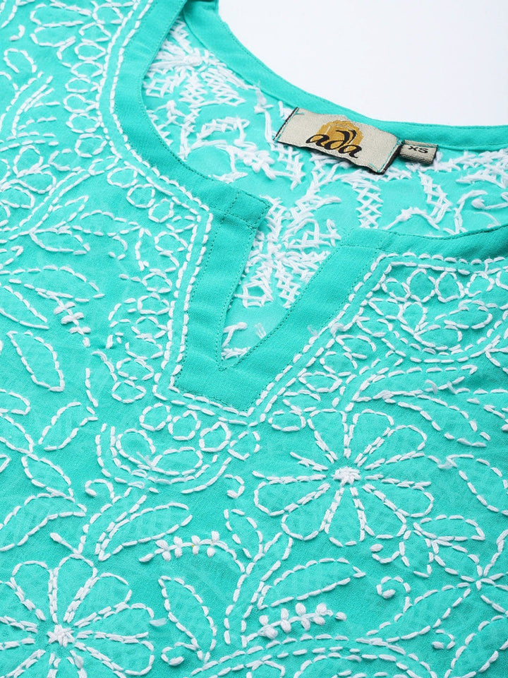 Sea-Green-Straight-Chikan-Kurti-Only