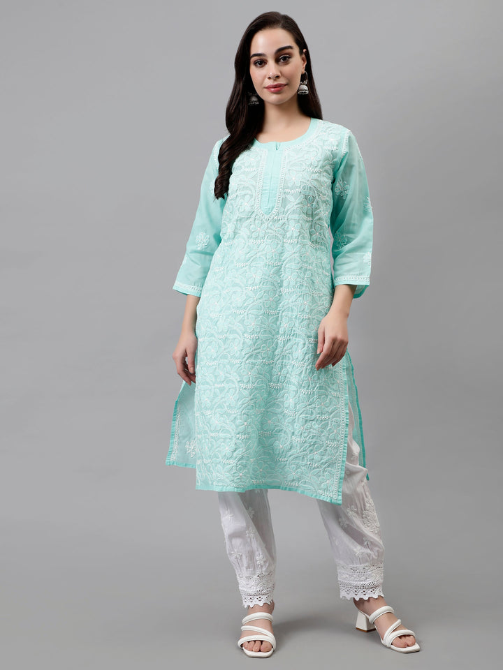 Sea-Green-Terivoil-Hand-Embroidered-Chikankari-Kurti