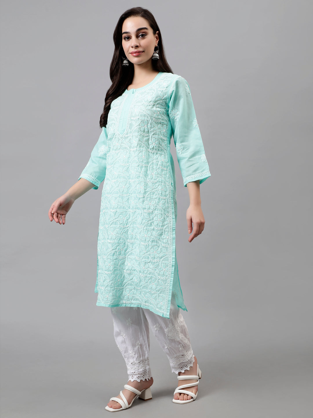 Sea-Green-Terivoil-Hand-Embroidered-Chikankari-Kurti