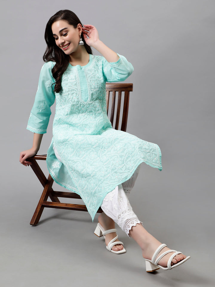 Sea-Green-Terivoil-Hand-Embroidered-Chikankari-Kurti