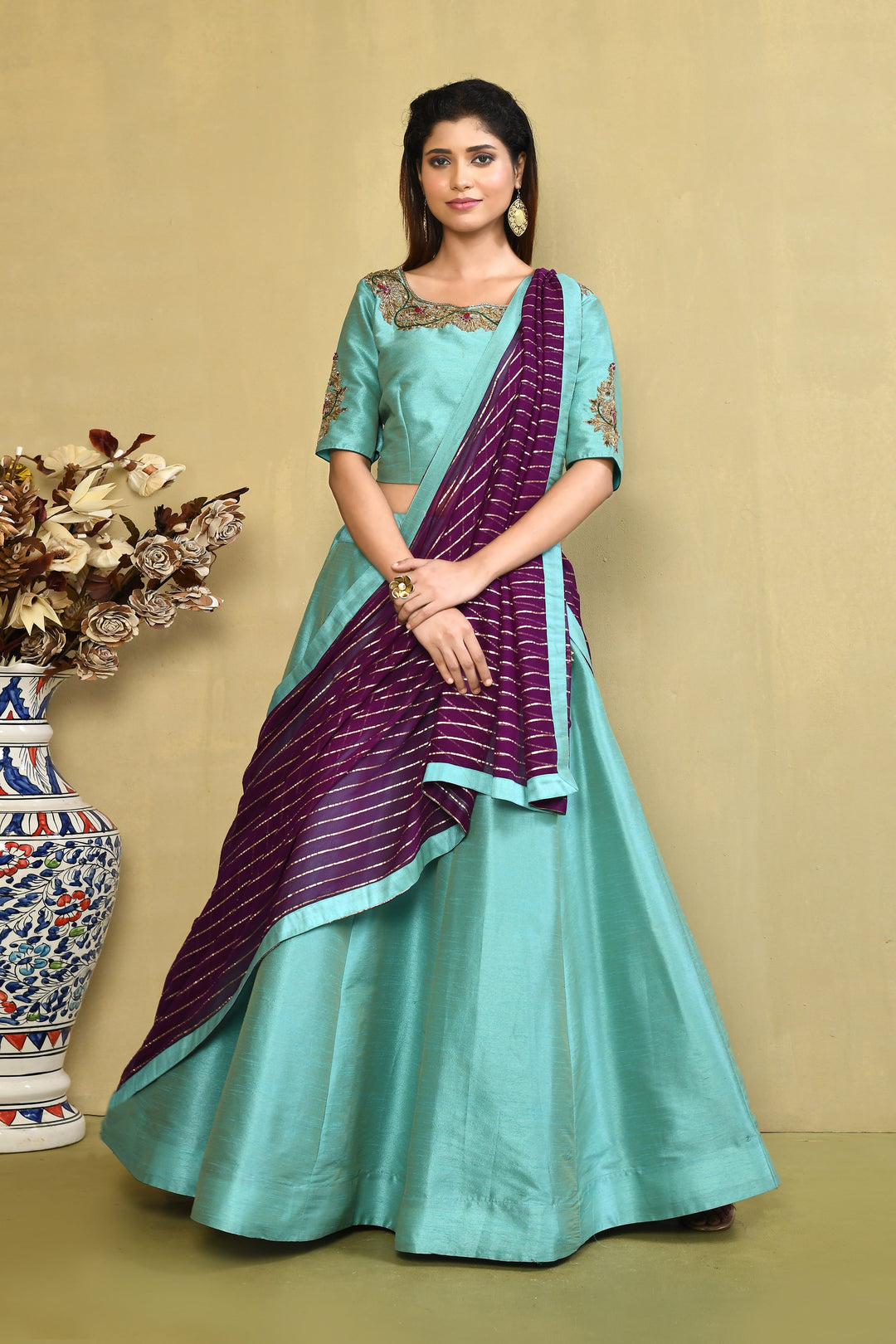 ZERESOUQ-Sea-Green-&-Purple-Pure-Cotton-Raw-Silk-Zardozi-Lehenga-Set