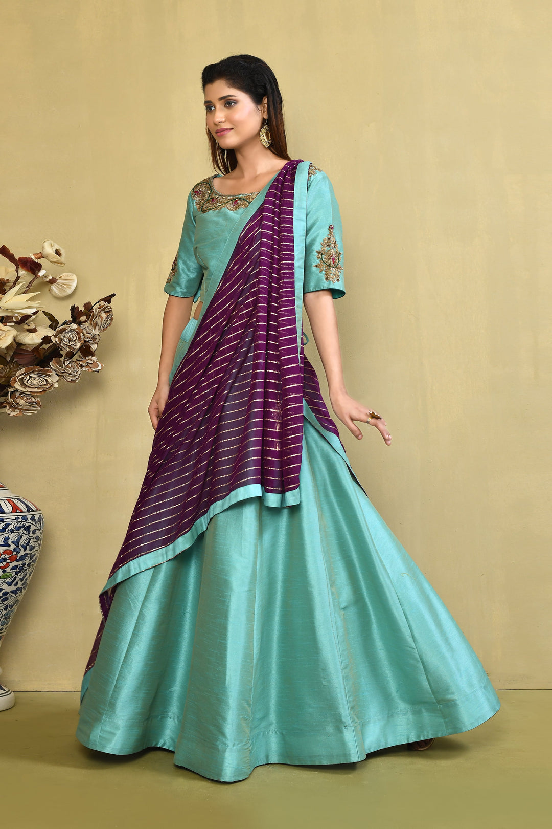 ZERESOUQ-Sea-Green-&-Purple-Pure-Cotton-Raw-Silk-Zardozi-Lehenga-Set