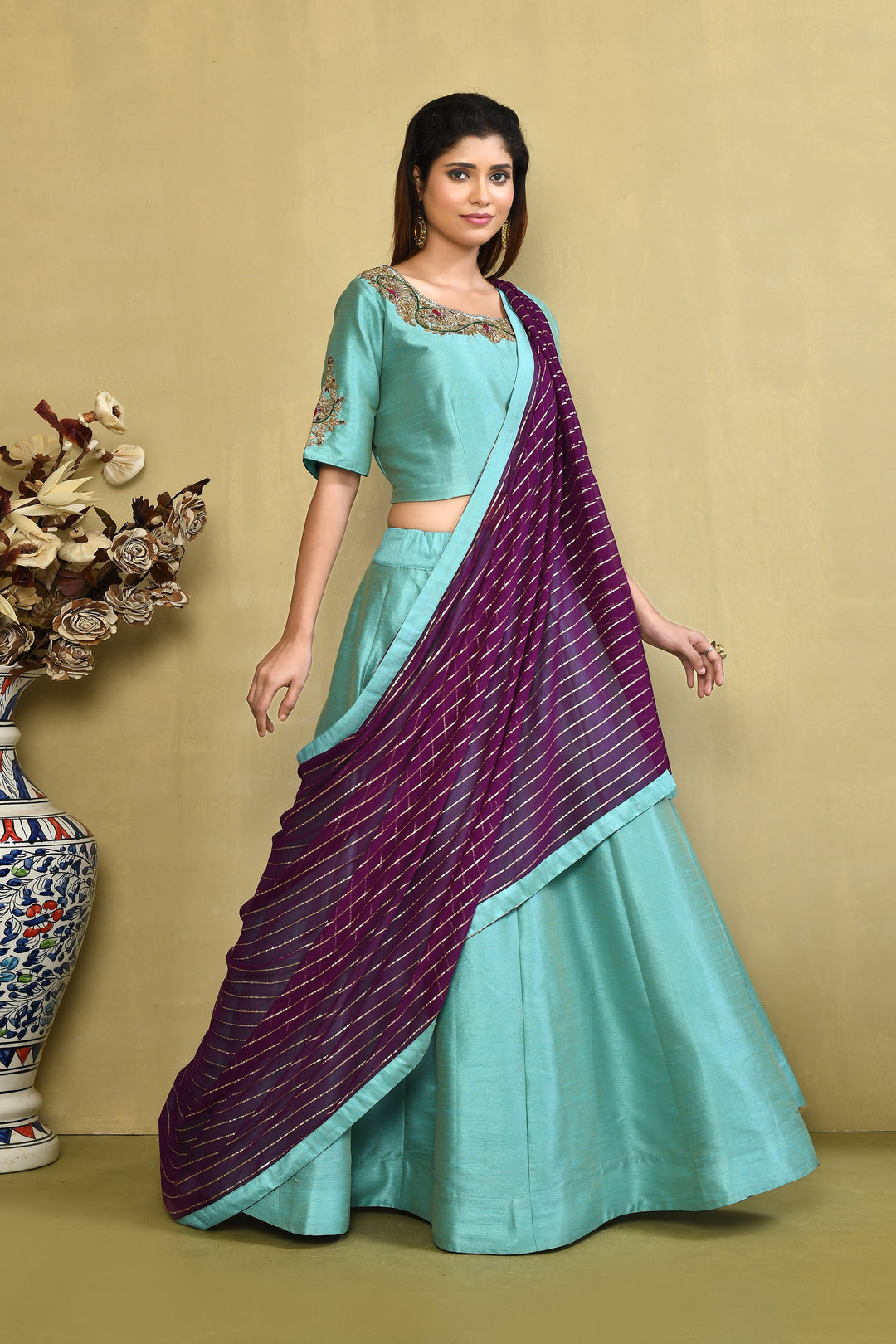 ZERESOUQ-Sea-Green-&-Purple-Pure-Cotton-Raw-Silk-Zardozi-Lehenga-Set