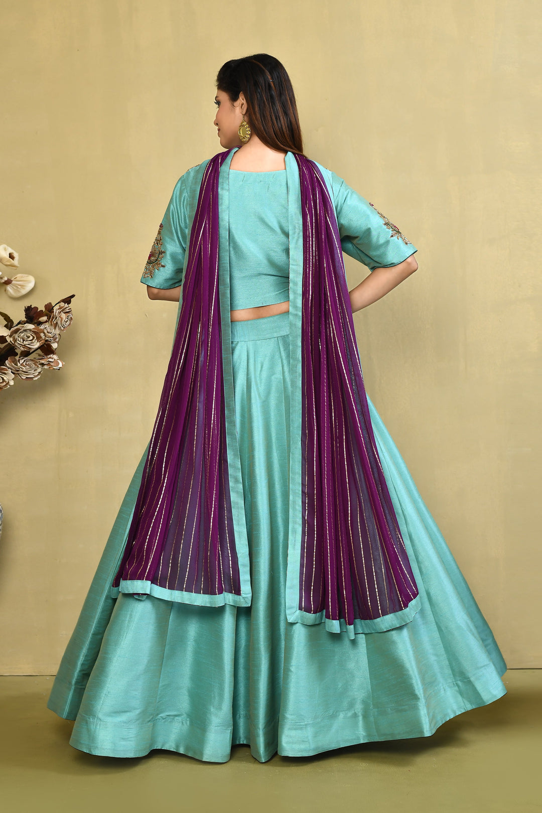 ZERESOUQ-Sea-Green-&-Purple-Pure-Cotton-Raw-Silk-Zardozi-Lehenga-Set