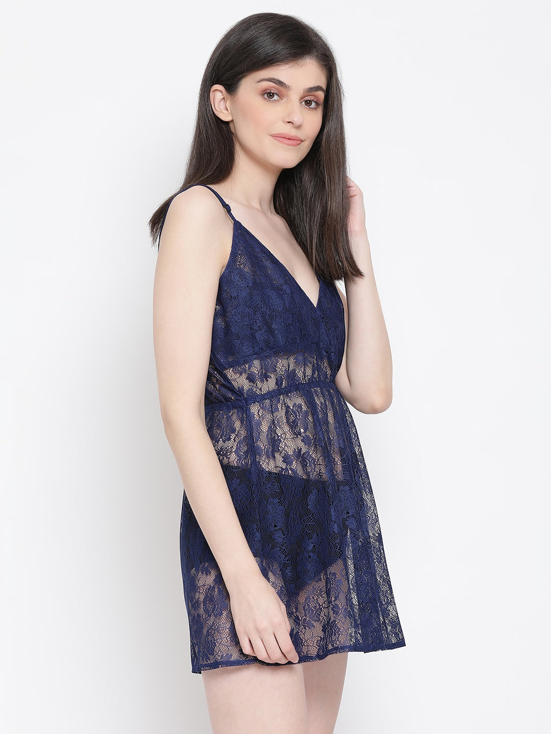 Sheer Babydoll With G-String In Navy - Lace