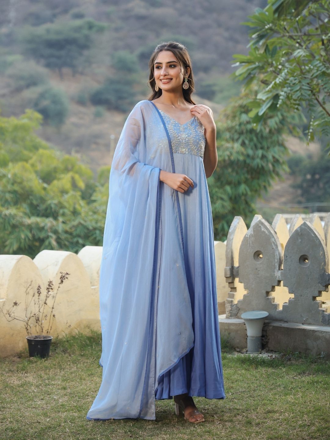 Shinat-Cornflower-Blue-Muslin-Gown-&-Dupatta