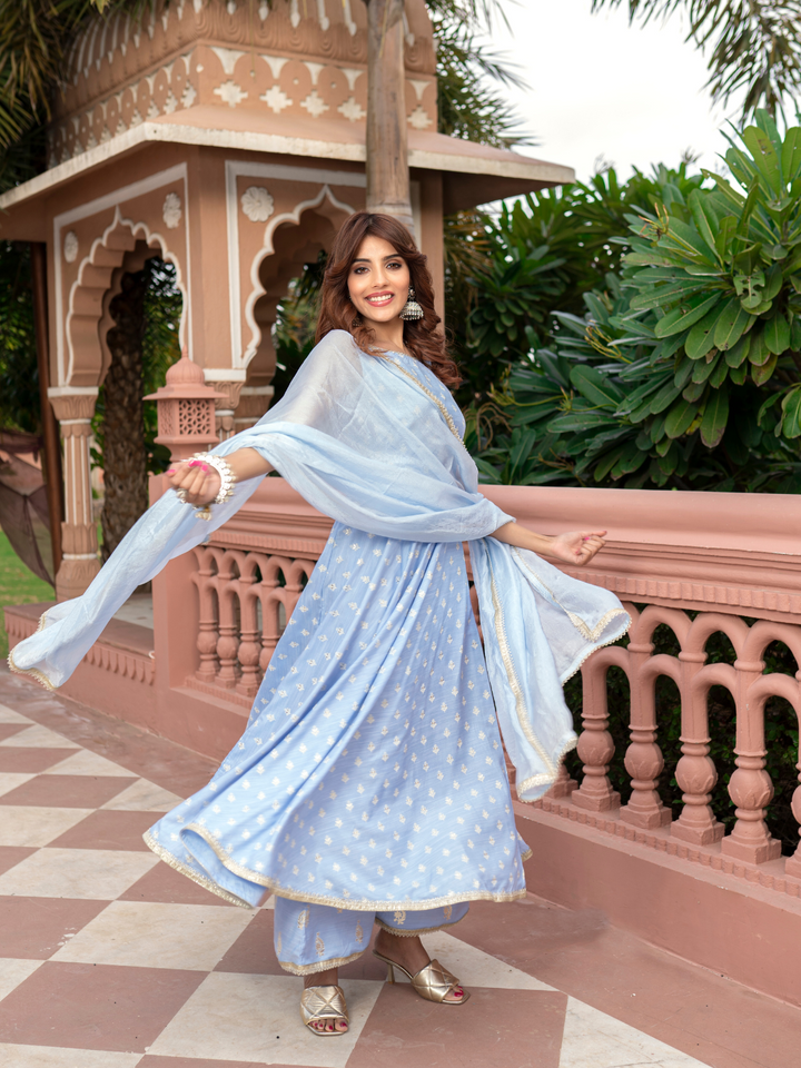 Sky Blue Chanderi Asma A-Line Suit Set