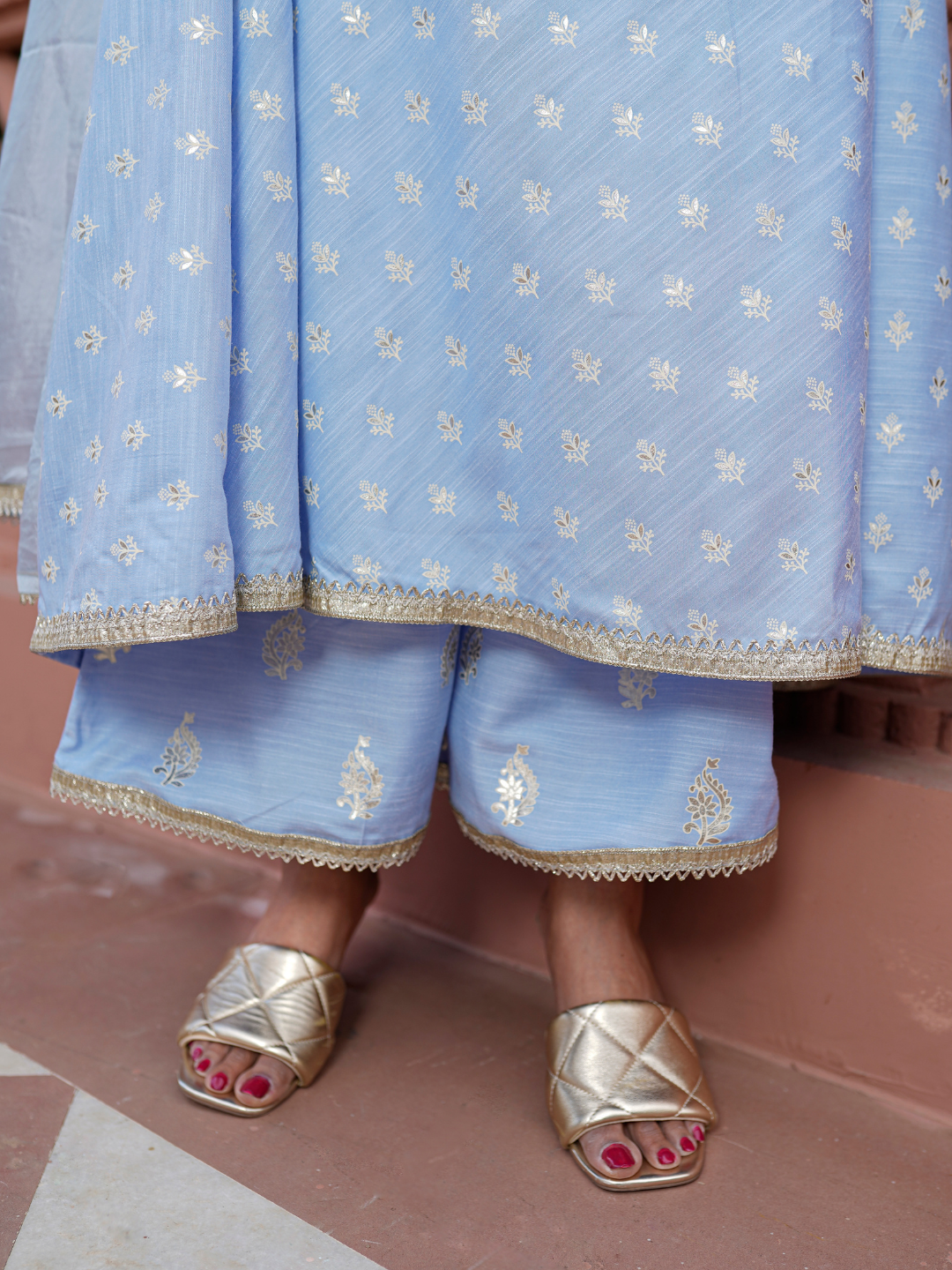 Sky Blue Chanderi Asma A-Line Suit Set
