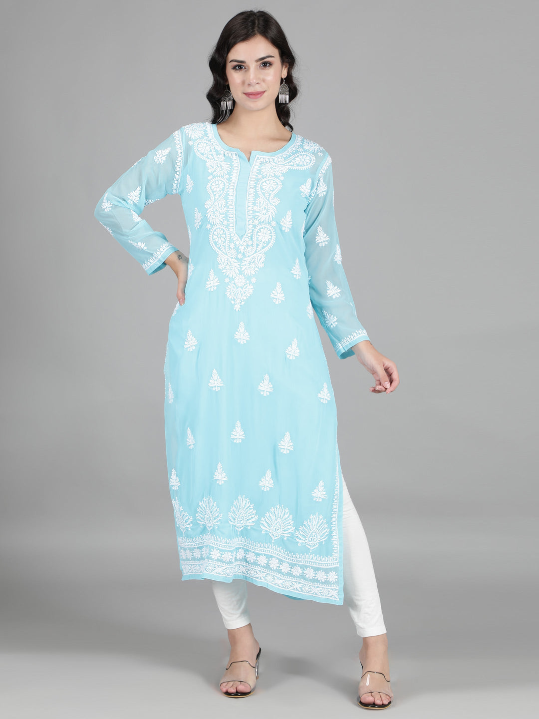 Sky Blue Georgette Chikan Kurta & Inner Slip