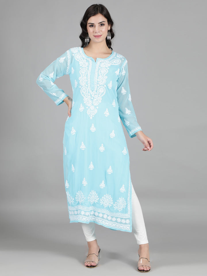 Sky Blue Georgette Chikan Kurta & Inner Slip