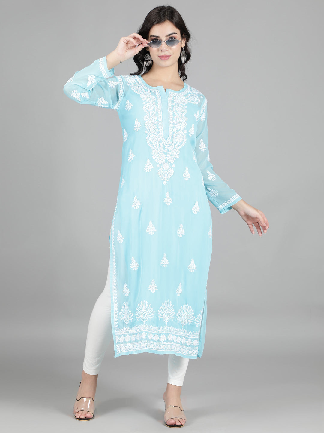 Sky Blue Georgette Chikan Kurta & Inner Slip