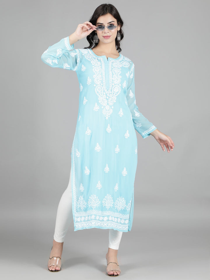 Sky Blue Georgette Chikan Kurta & Inner Slip