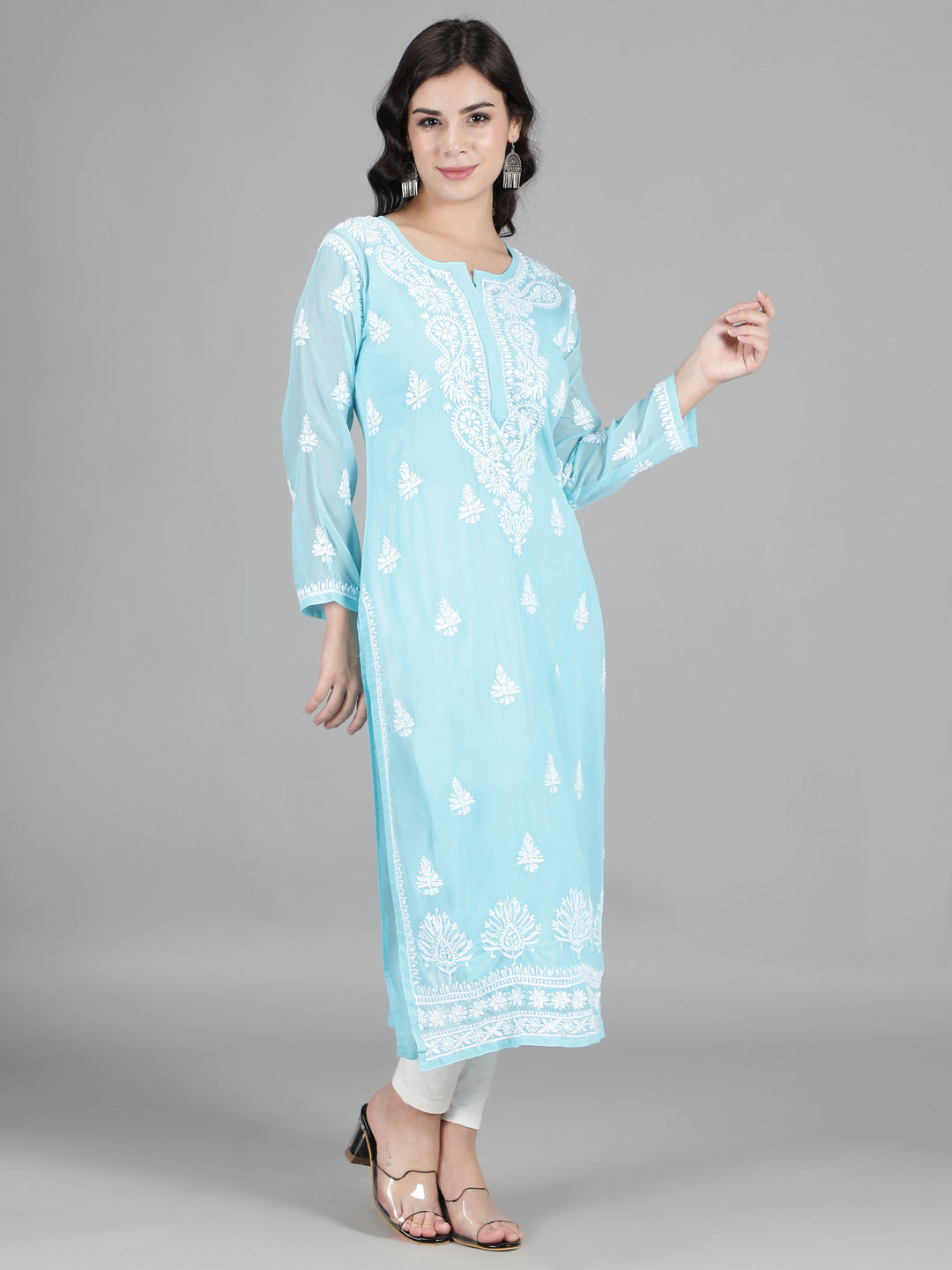 Sky Blue Georgette Chikan Kurta & Inner Slip