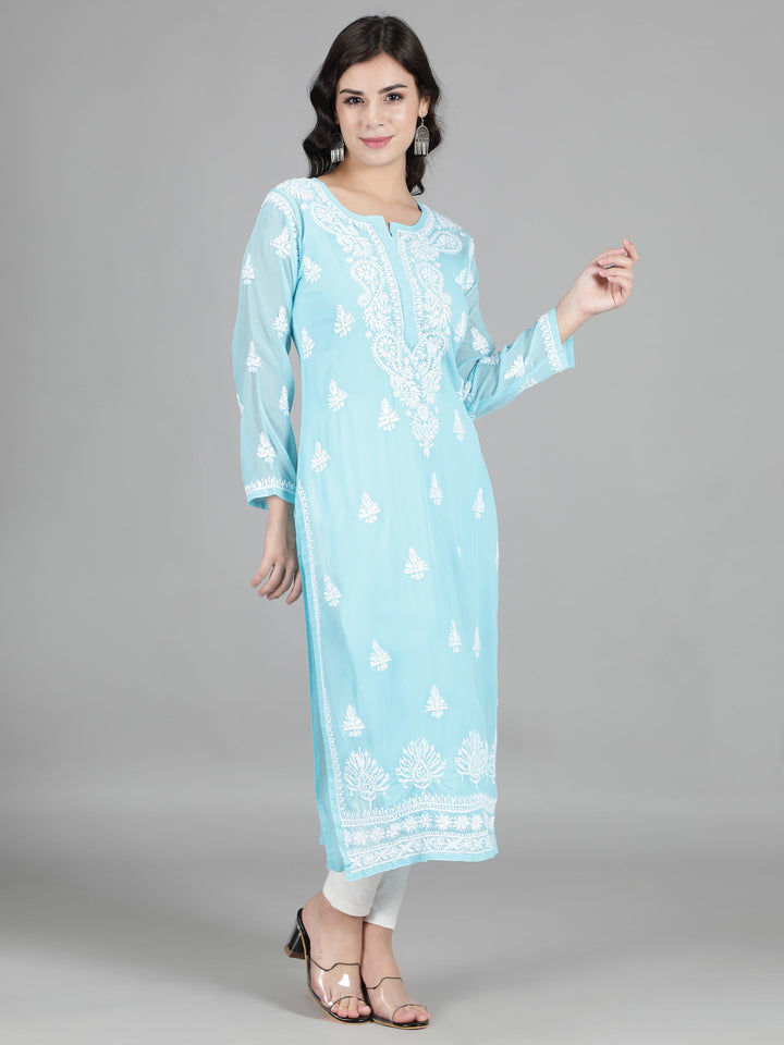Sky Blue Georgette Chikan Kurta & Inner Slip