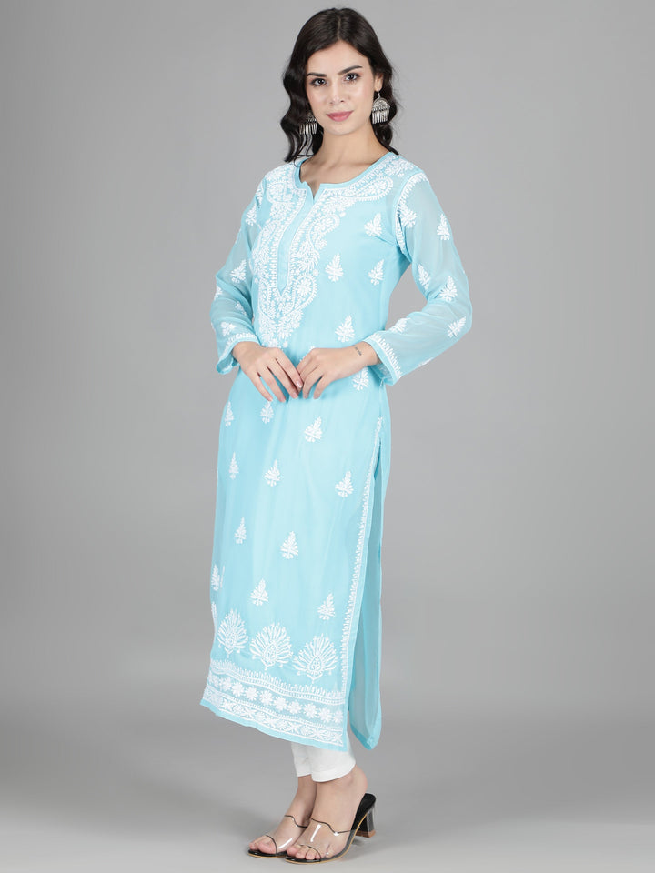 Sky Blue Georgette Chikan Kurta & Inner Slip