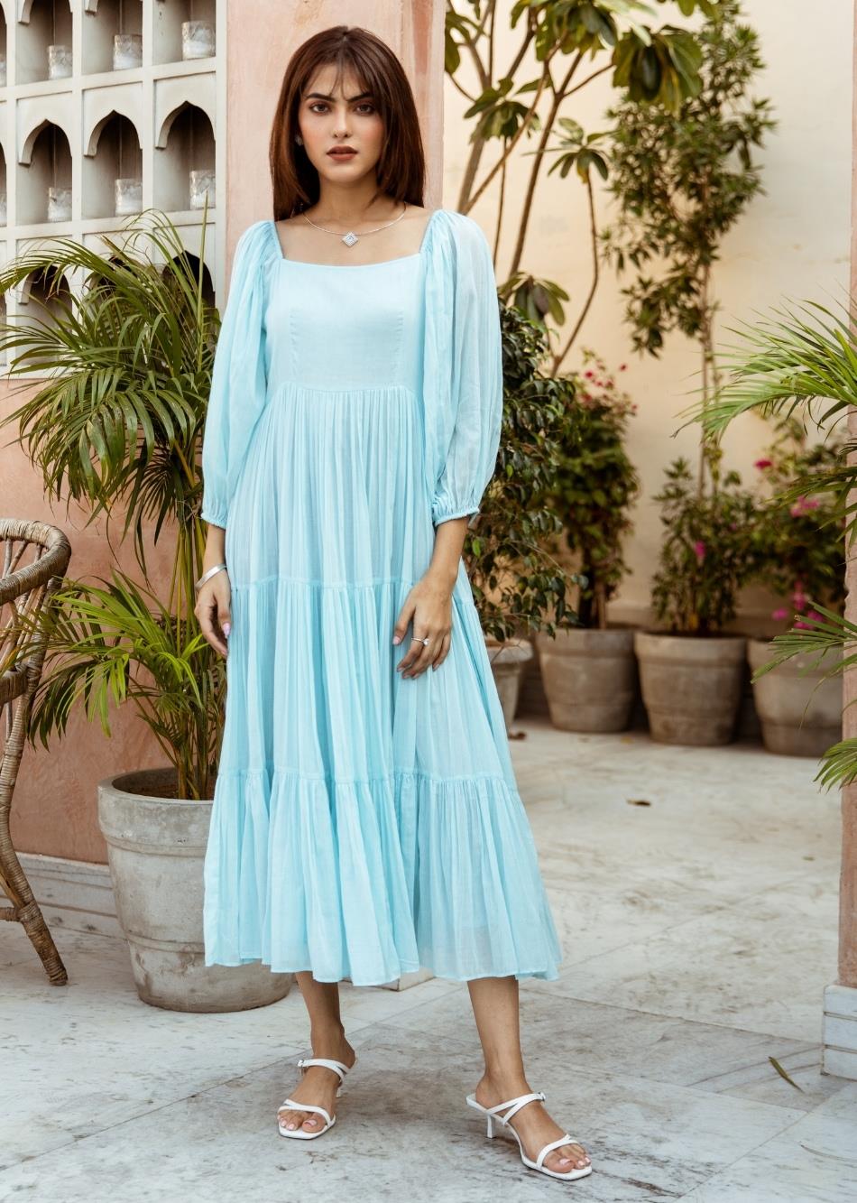 Sky Blue Solid Mulmul Tiered Midi Dress