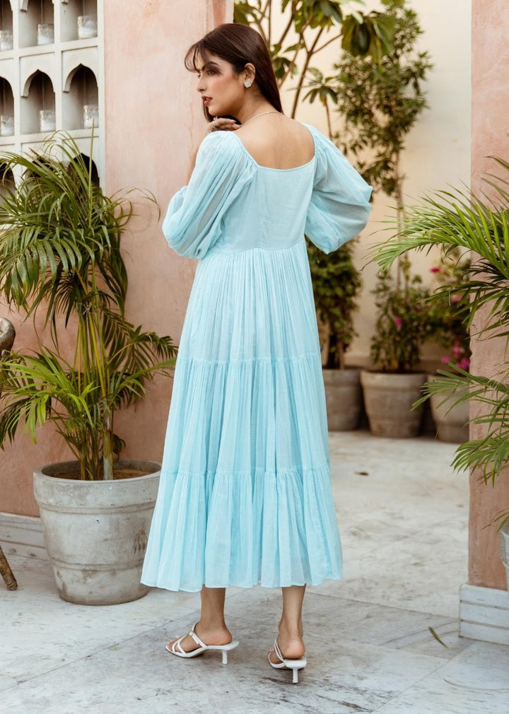 Sky Blue Solid Mulmul Tiered Midi Dress