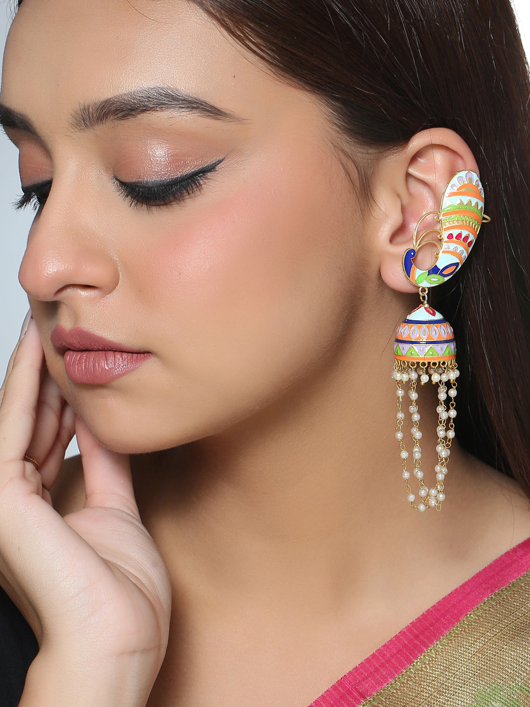 Sky Meenakari Peacock Jhumka Earrings