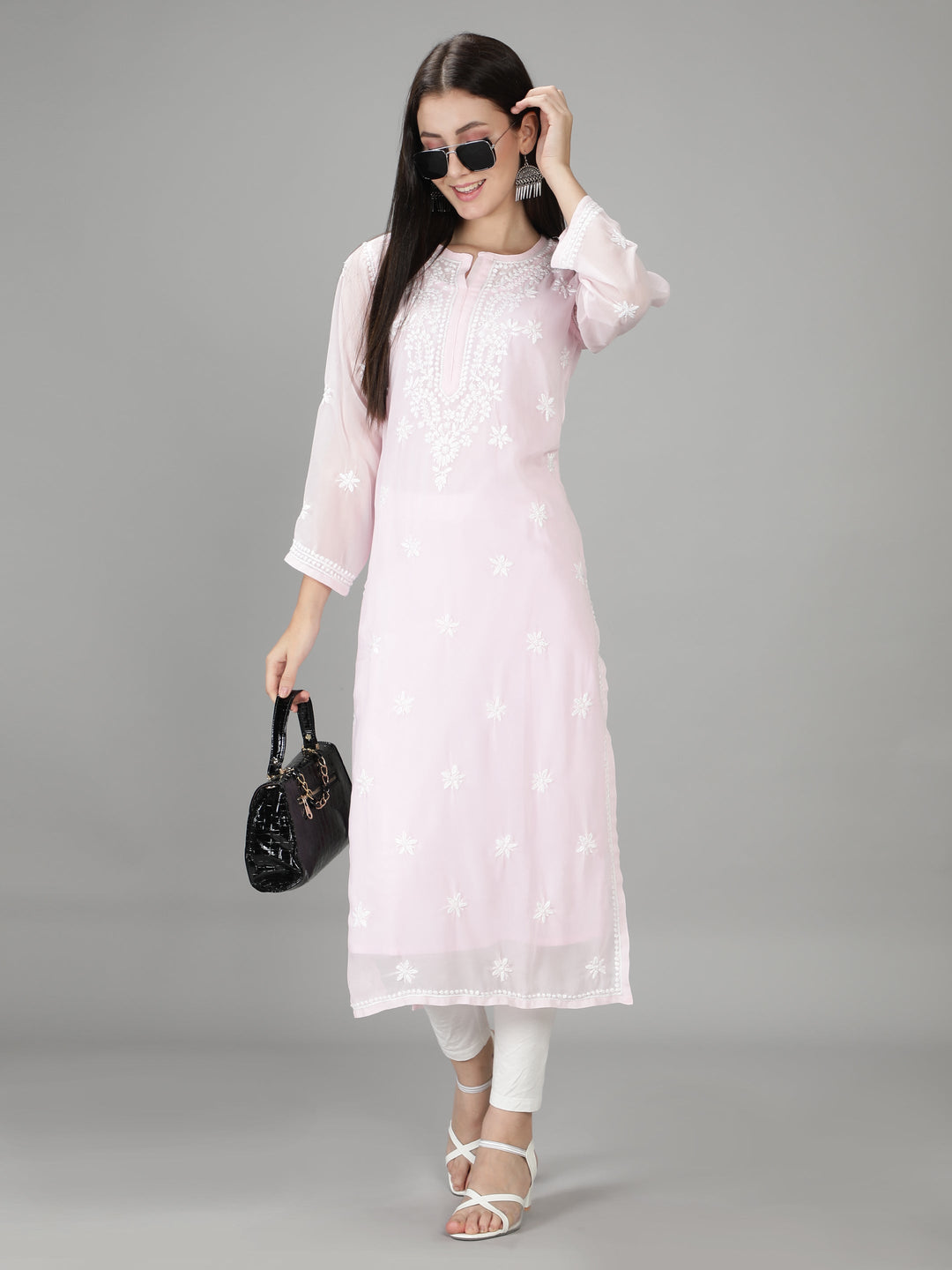 Soft Pink Georgette Chikan Kurta & Inner Slip