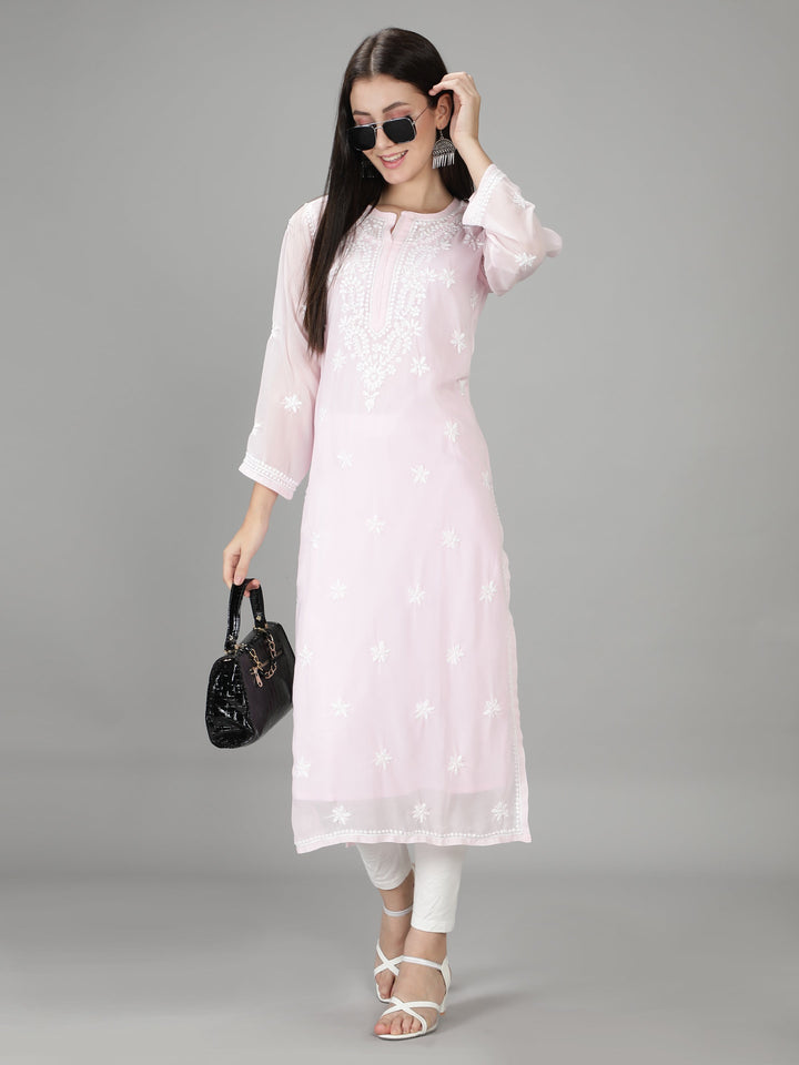 Soft Pink Georgette Chikan Kurta & Inner Slip