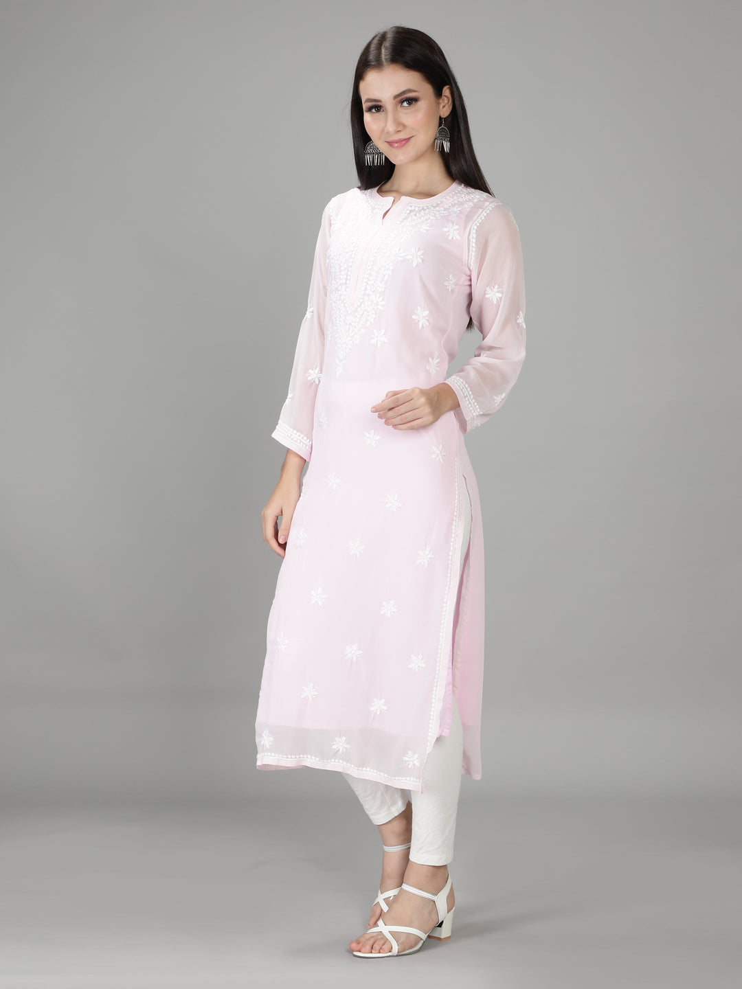 Soft Pink Georgette Chikan Kurta & Inner Slip