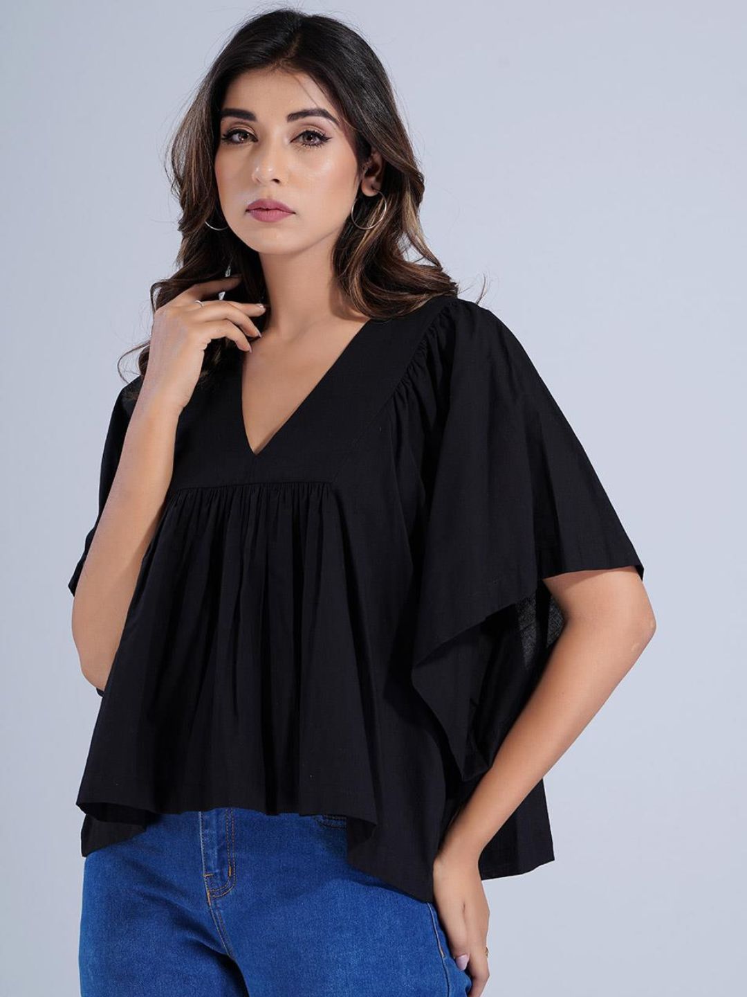 Solid Black Cotton Loose Fit Peplum Crop Top