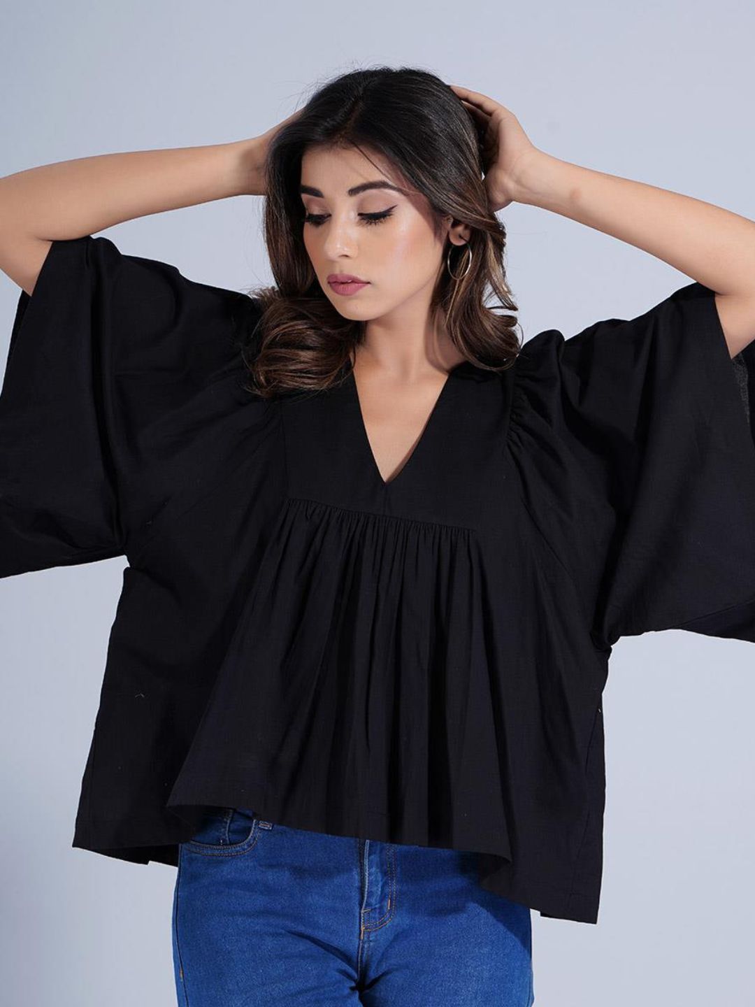 Solid Black Cotton Loose Fit Peplum Crop Top