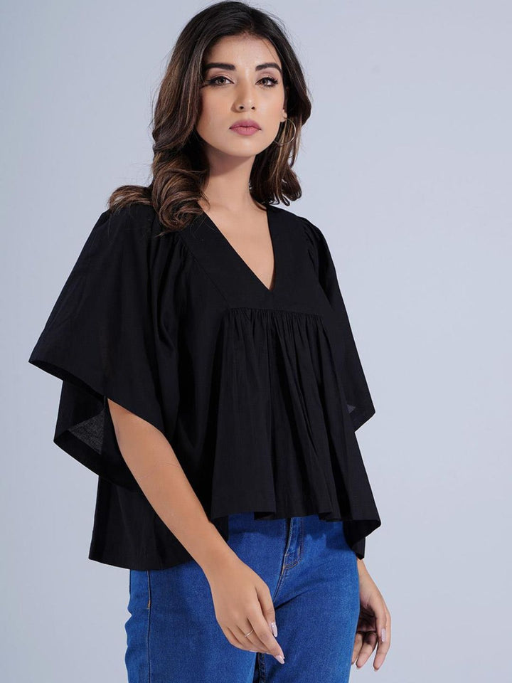 Solid Black Cotton Loose Fit Peplum Crop Top
