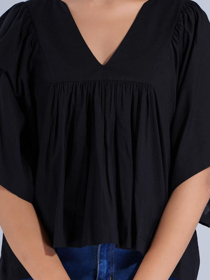 Solid Black Cotton Loose Fit Peplum Crop Top