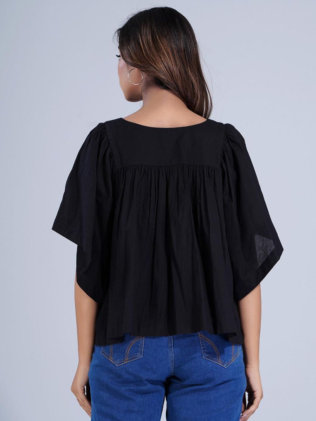 Solid Black Cotton Loose Fit Peplum Crop Top