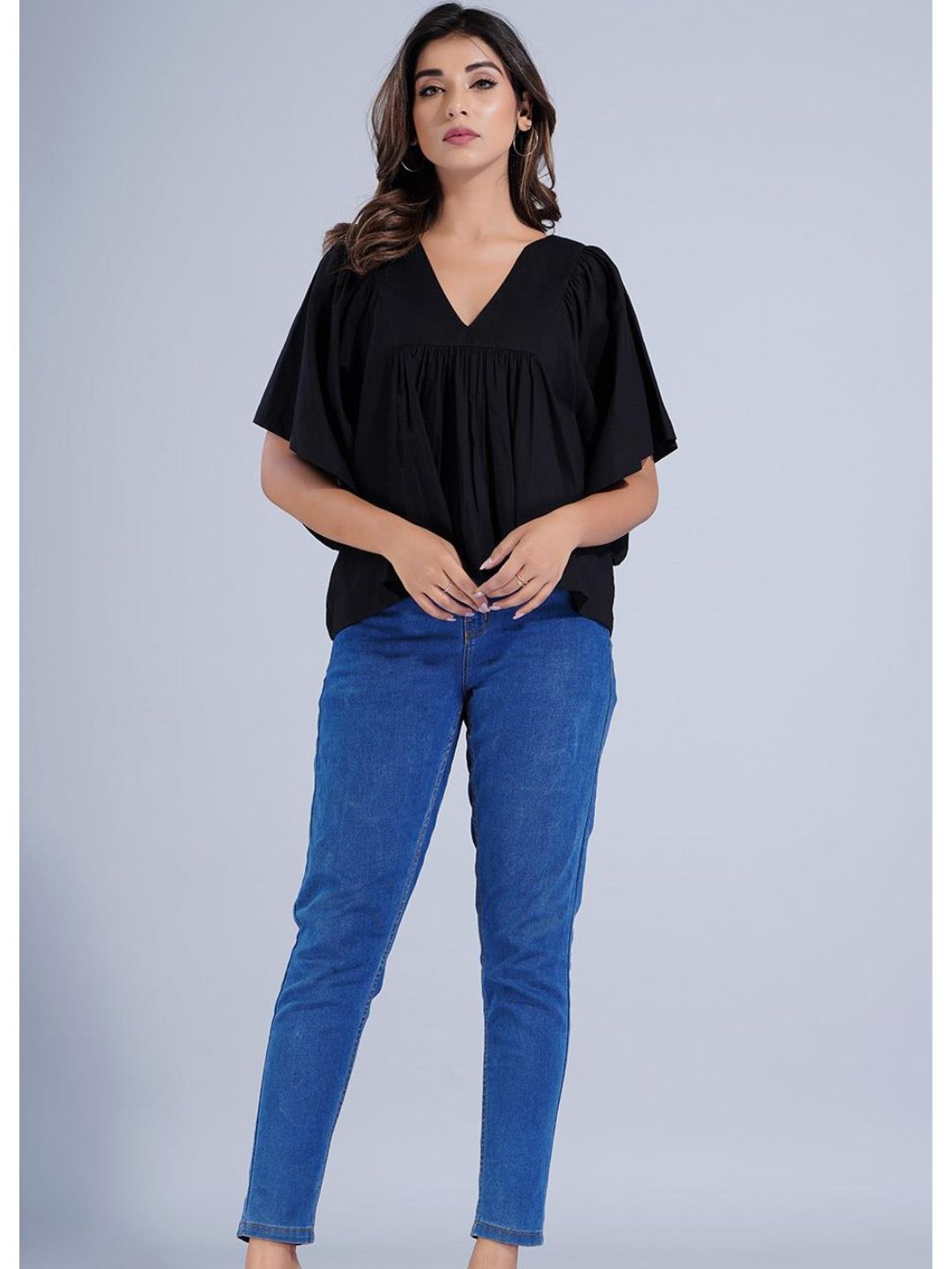 Solid Black Cotton Loose Fit Peplum Crop Top