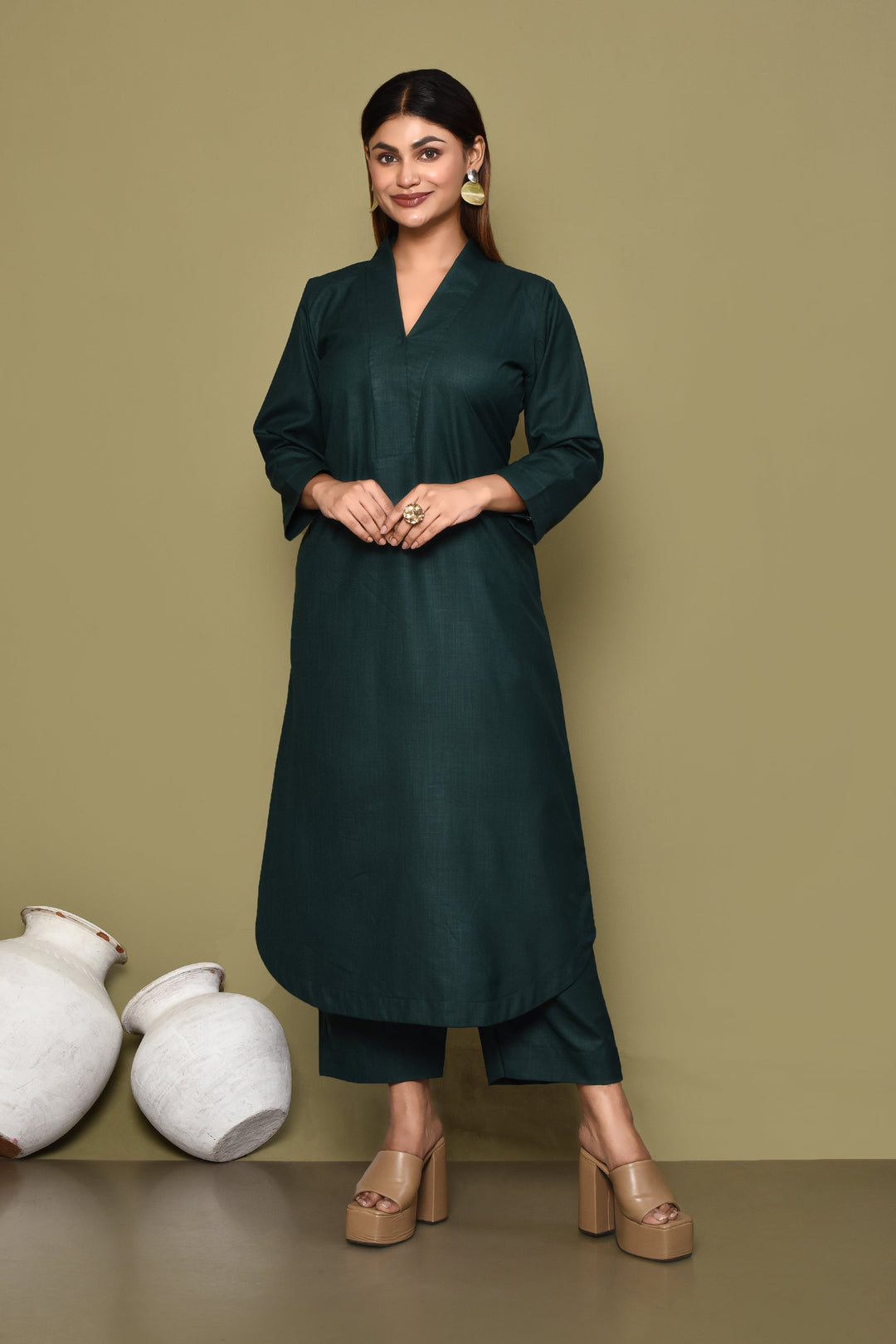 ZERESOUQ-Solid-Bottle-Green-Cotton-Slub-2-Piece-Kurta-Set