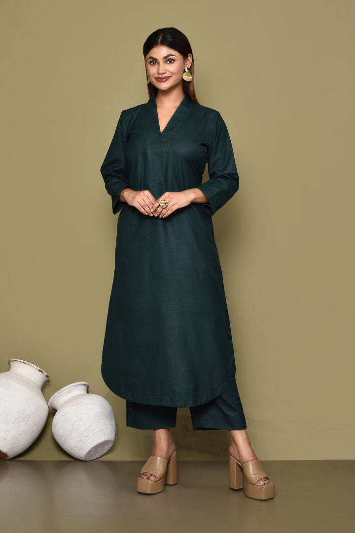ZERESOUQ-Solid-Bottle-Green-Cotton-Slub-2-Piece-Kurta-Set