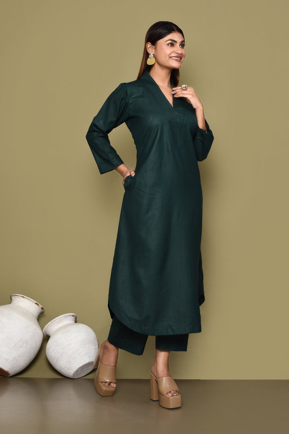 ZERESOUQ-Solid-Bottle-Green-Cotton-Slub-2-Piece-Kurta-Set