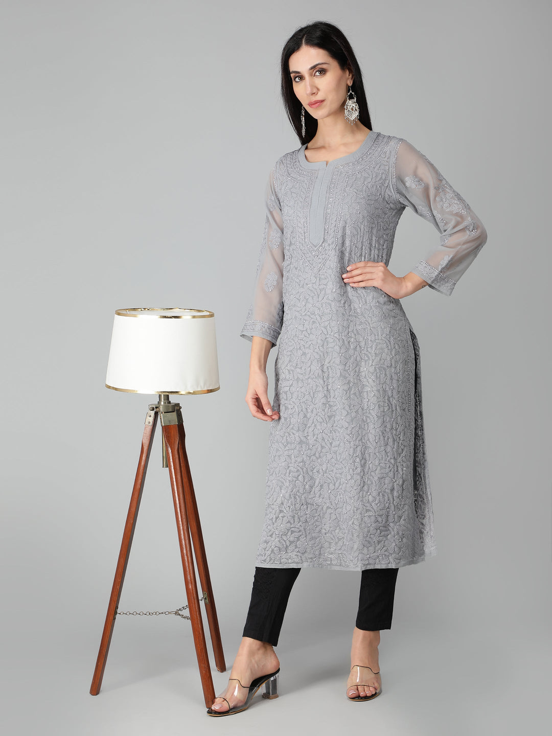 Spanish-Grey-Georgette-Chikan-Kurta-with-Slip
