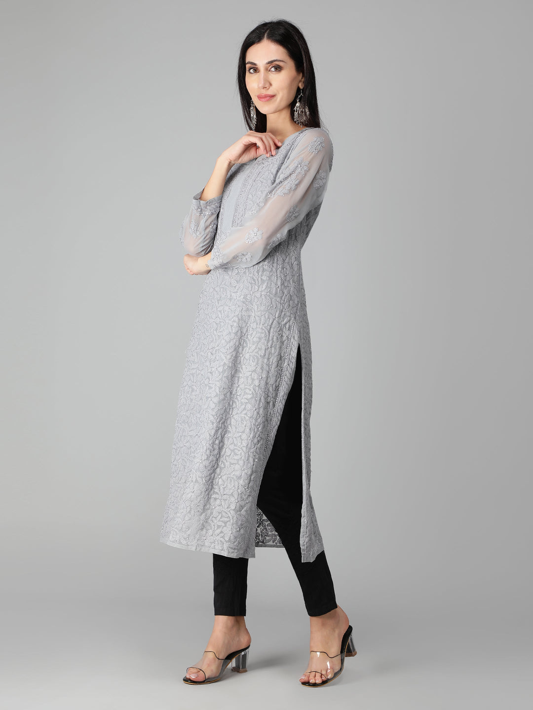 Spanish-Grey-Georgette-Chikan-Kurta-with-Slip