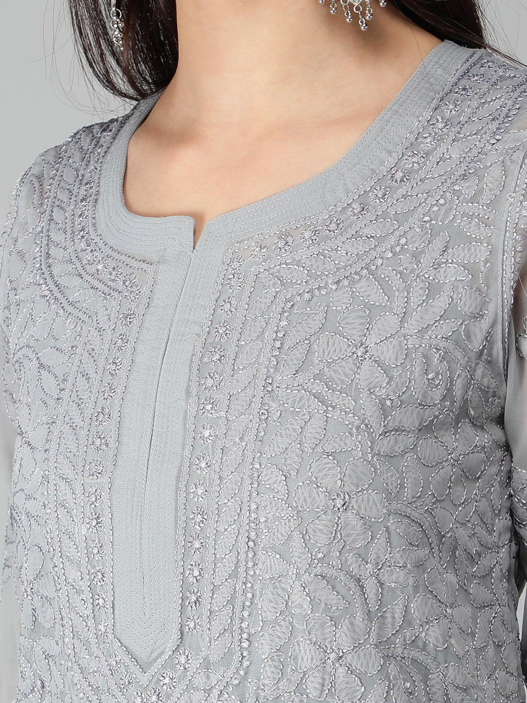 Spanish-Grey-Georgette-Chikan-Kurta-with-Slip